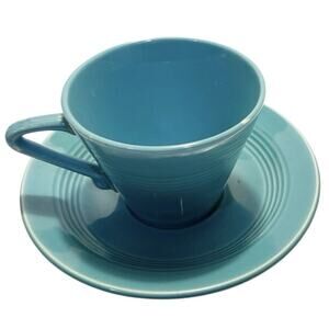 Vtg Homer Laughlin HLC USA MCM Harlequin Turquoise Blue Flat Tea Cup & Saucer